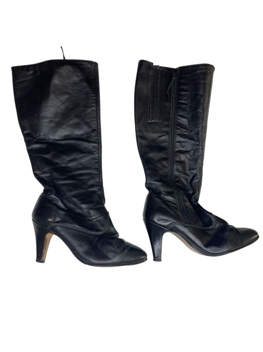 Revelations Vintage Leather Knee High Boots Rounded Toe High Heel Zip Up Y2K